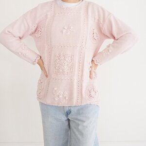 Vintage Exclusive Imports Pink Knit Embroidered Floral Pom Pom Crew Sweater M